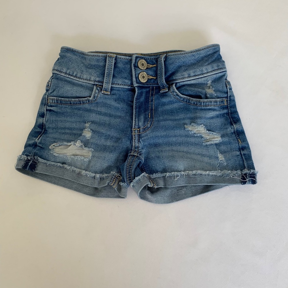 SO Denim Shorts Girls 6X Blue Distressed Ripped Adjustable Waist Raw Hem Casual